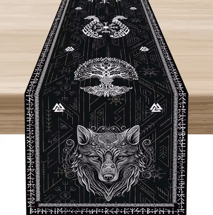 Norse Viking Raven Linen Table Runner – Mythology Tree of Life Farmhouse Table Decor