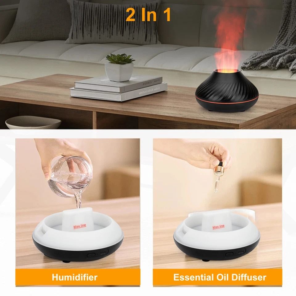 LED Aromatherapy Flame Diffuser, Cute Fire Flame Essential Oil Humidifier, Air Purifier, Quiet Ultrasonic Aroma Diffuser