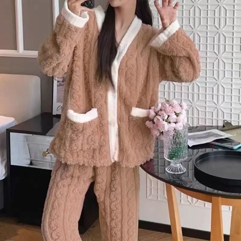 Womens Winter Pajama Set Long Sleeve Top And Elastic Waist Pants