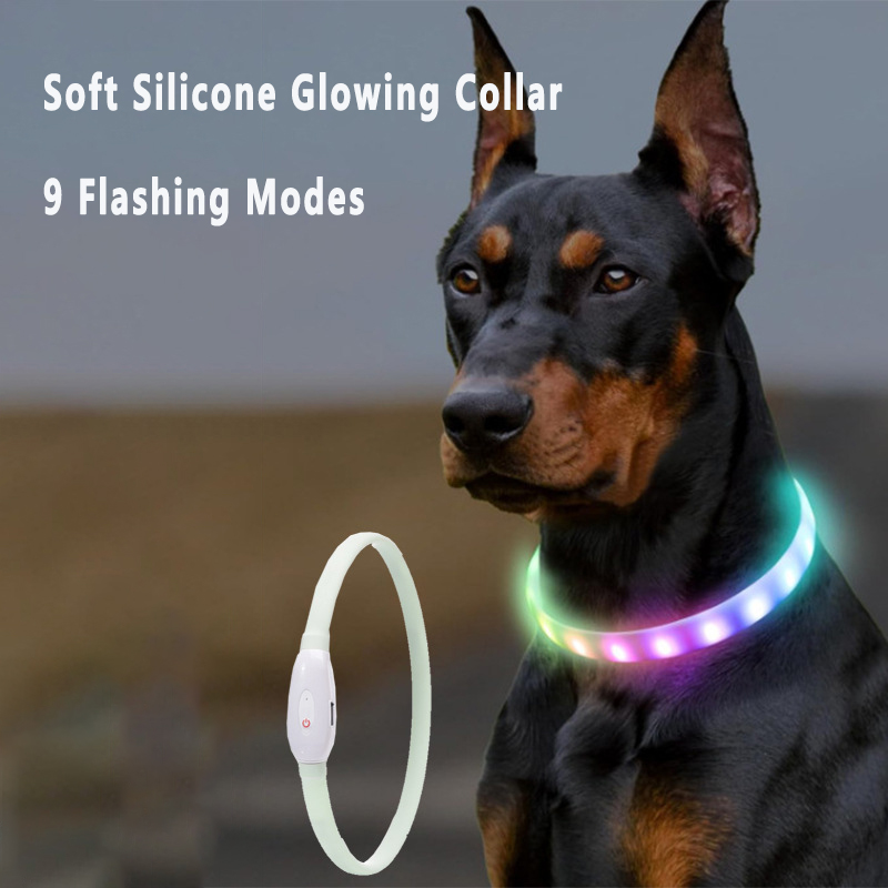 LED Glowing Dog Collar with USB Rechargeable Glowing Collar, 9 Flashing Modes, Adjustable Soft Silicone Collar for Large