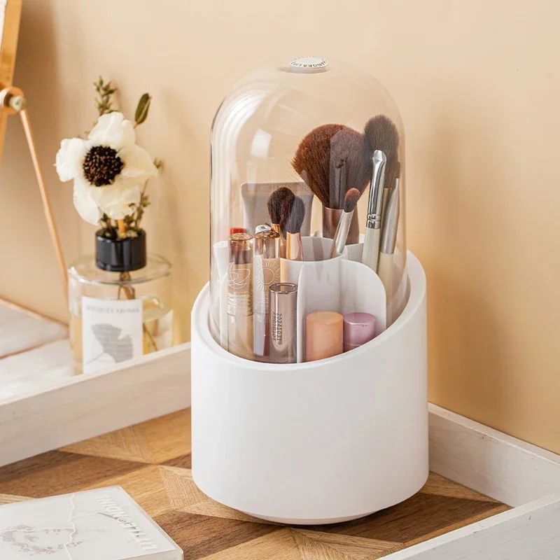 360 Rotating Makeup Brush Holder with Lid - Dustproof Makeup Organizer & Cosmetic Storage Box for Vanity