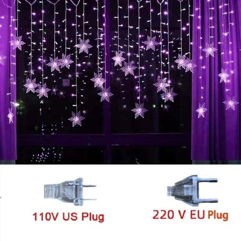 Christmas Snowflake LED Curtain String Lights – Flashing Holiday Fairy Garland