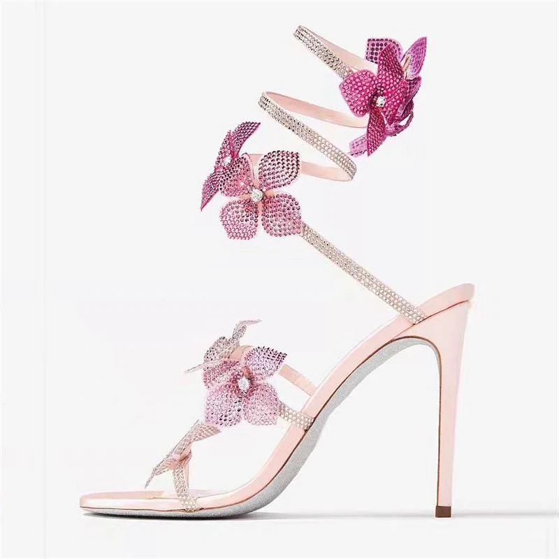 Sexy Crystal Flower Thin High Heels, Narrow Band Women Sandals, Ankle Strap Street Style Pole Dancing Ladies Shoes