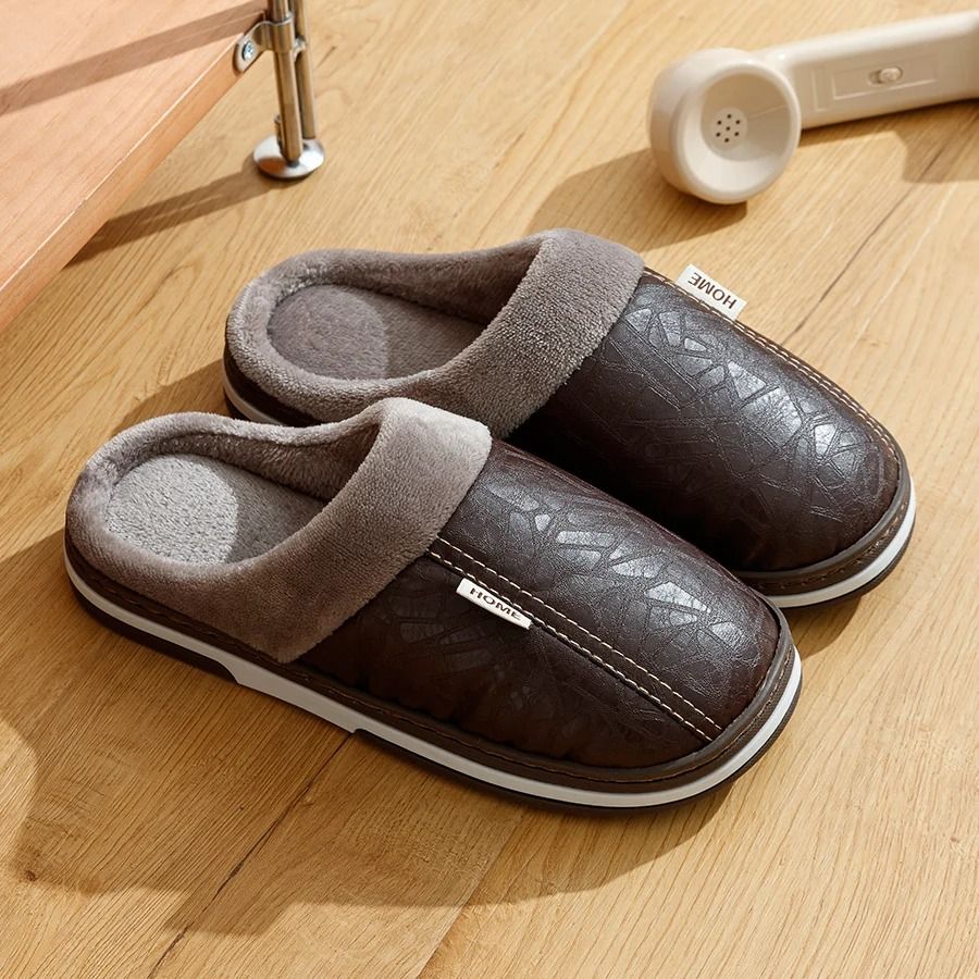 Mens Winter Indoor Slippers Waterproof PU Leather Warm House Shoes Big Sizes