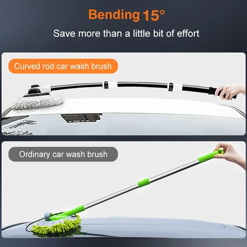 Telescopic Car Wash Brush with 15 Degree Bend and Rotating Chenille Mop Head