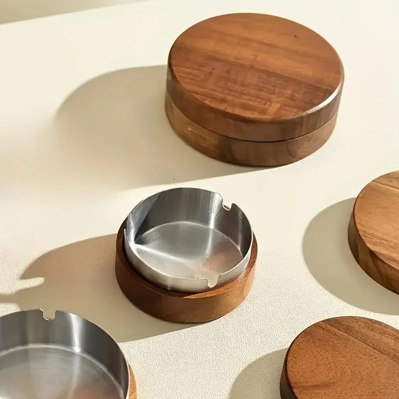 Round Wooden Ashtray with Lid
