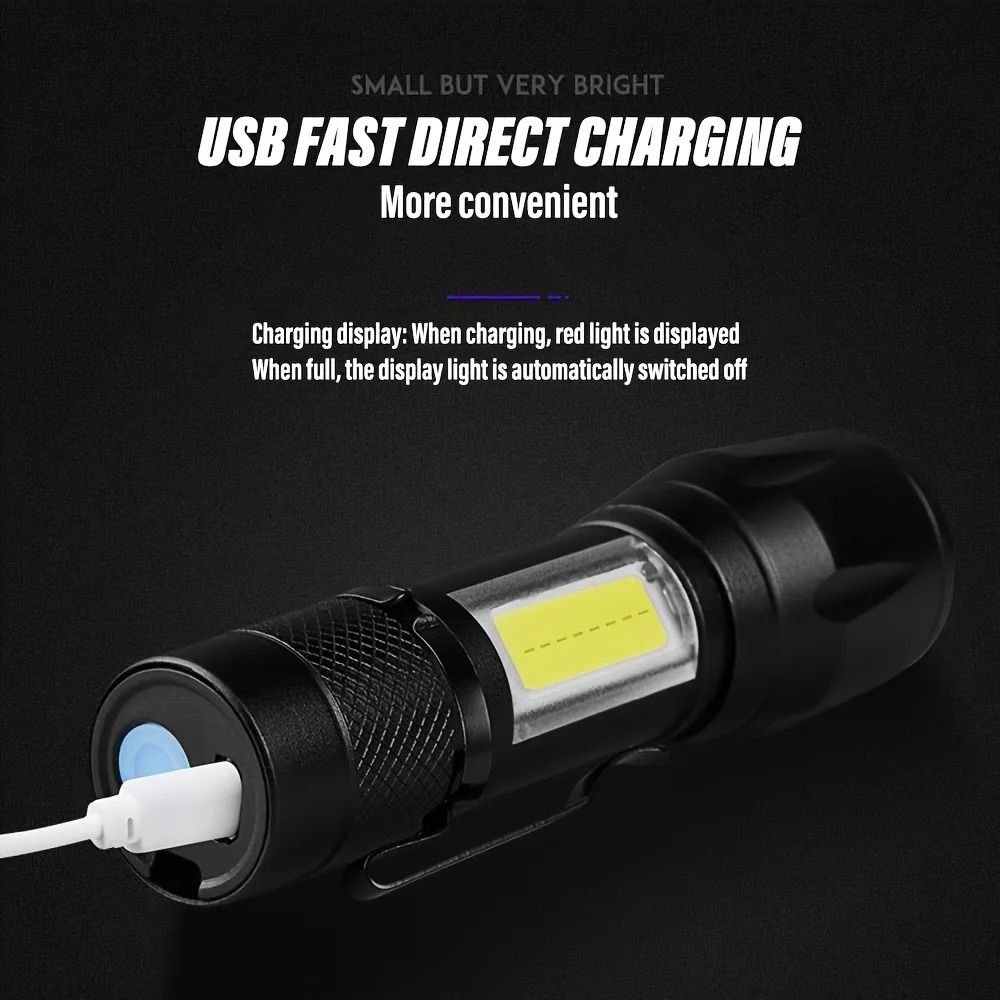USB Rechargeable Mini COB and XPE LED Flashlight with Zoom and Pen Clip
