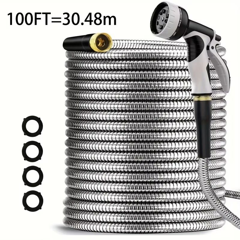 Heavy Duty Garden Hose with Stainless Steel Pipe and Adjustable 10-Function Spray Nozzle