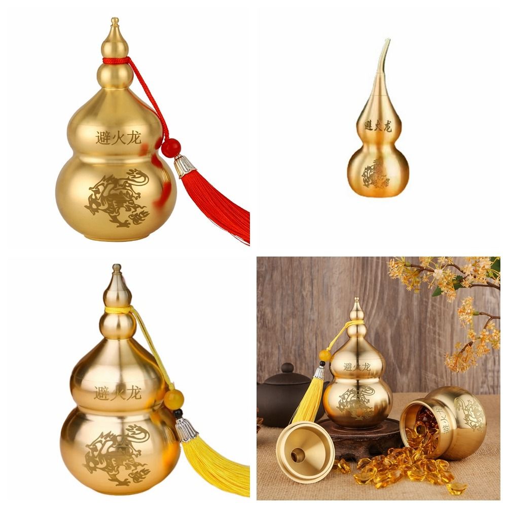 Chinese Brass Feng Shui Wu Lou Gourd Desk Statue Retro Dragon Ornament