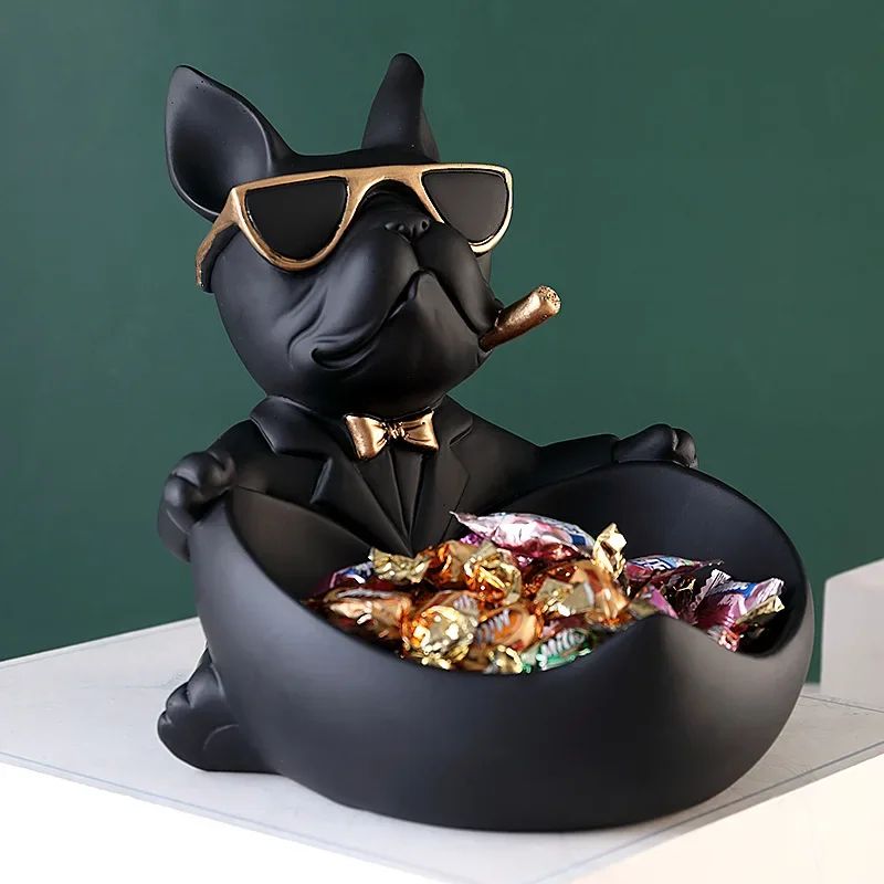 Black Resin Dog Statue Storage Box – Decorative Dog Figurine Organizer for Keys, Phone & Candy
