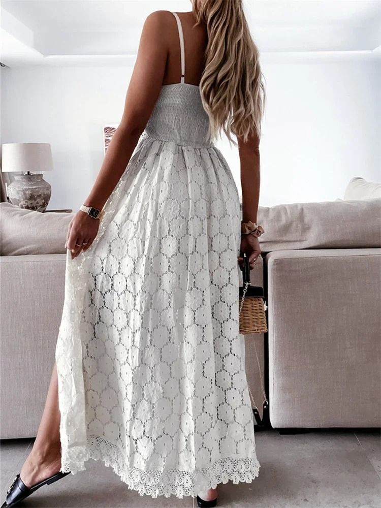 Lace Hollow Out Sleeveless Midi Dress Elegant Summer Boho Chic V Neck Playsuit Style