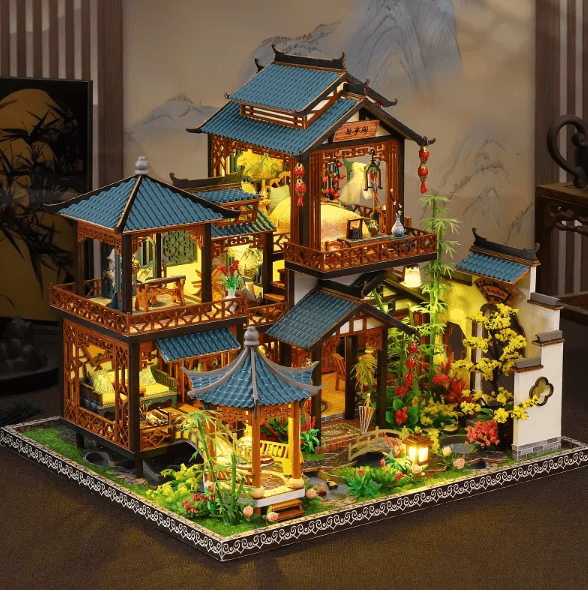 DIY Orchid Pavilion Book Nook Kit – Chinese Style 3D Miniature Shelf Decor