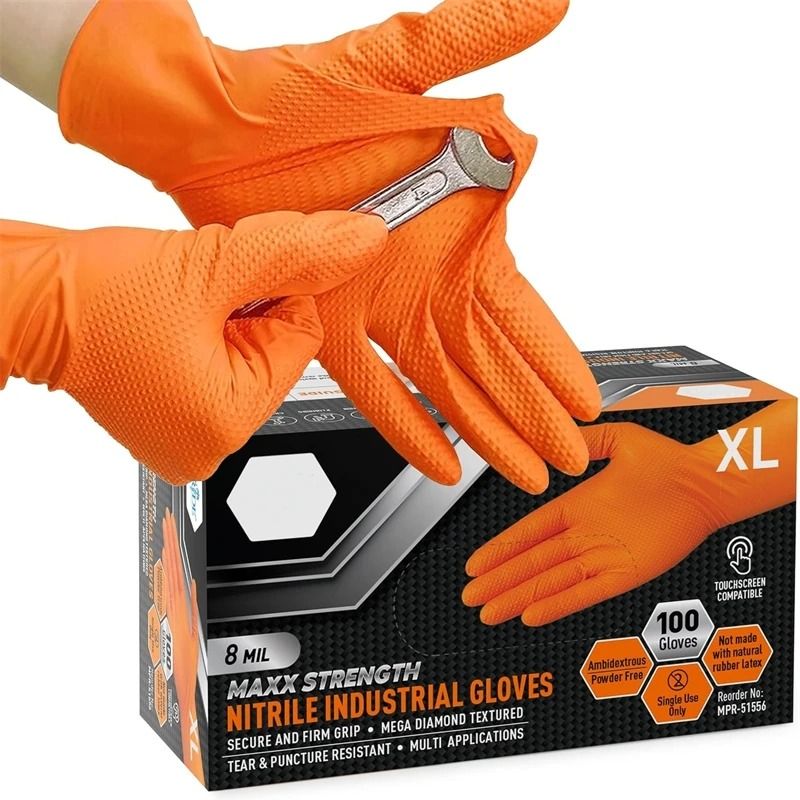 Heavy Duty Orange Nitrile Work Gloves – 8Mil Industrial Disposable Gloves with Diamond Grip for Mechanics, Cleaning and