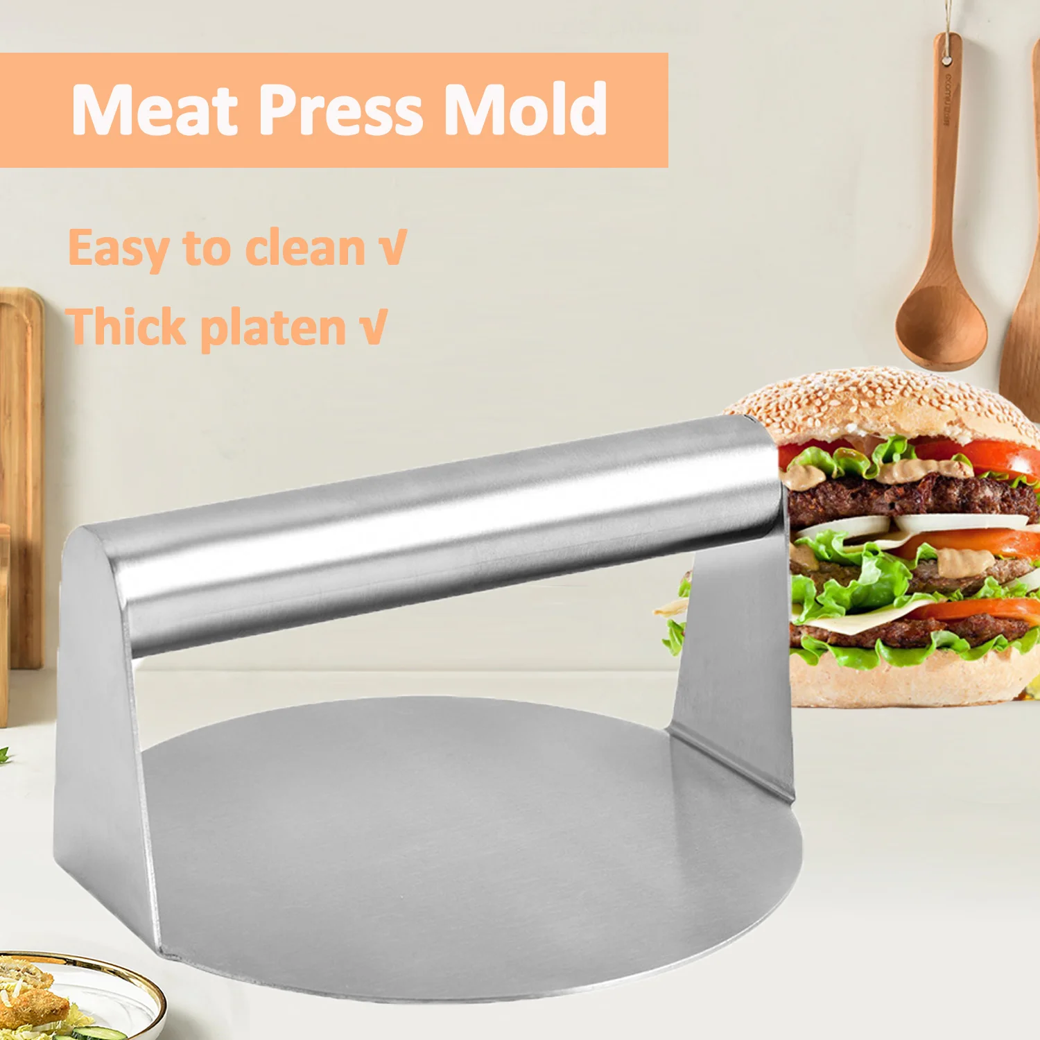 Stainless Steel Smash Burger Press Round Shape, Hamburger Meat Mold for Deli Use, Kitchen Beef Masher Plate Tool