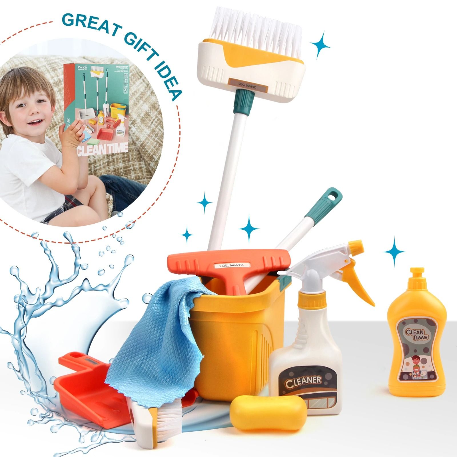 Kids Cleaning Set Play House Toy Pretend Cleaning Kit with Broom Mop and Bucket