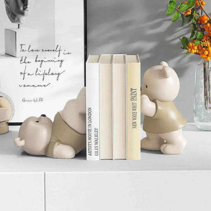 Cute Bear Bookend Decorative Figurine Cream Style Book Holder for Shelves and Home Decor