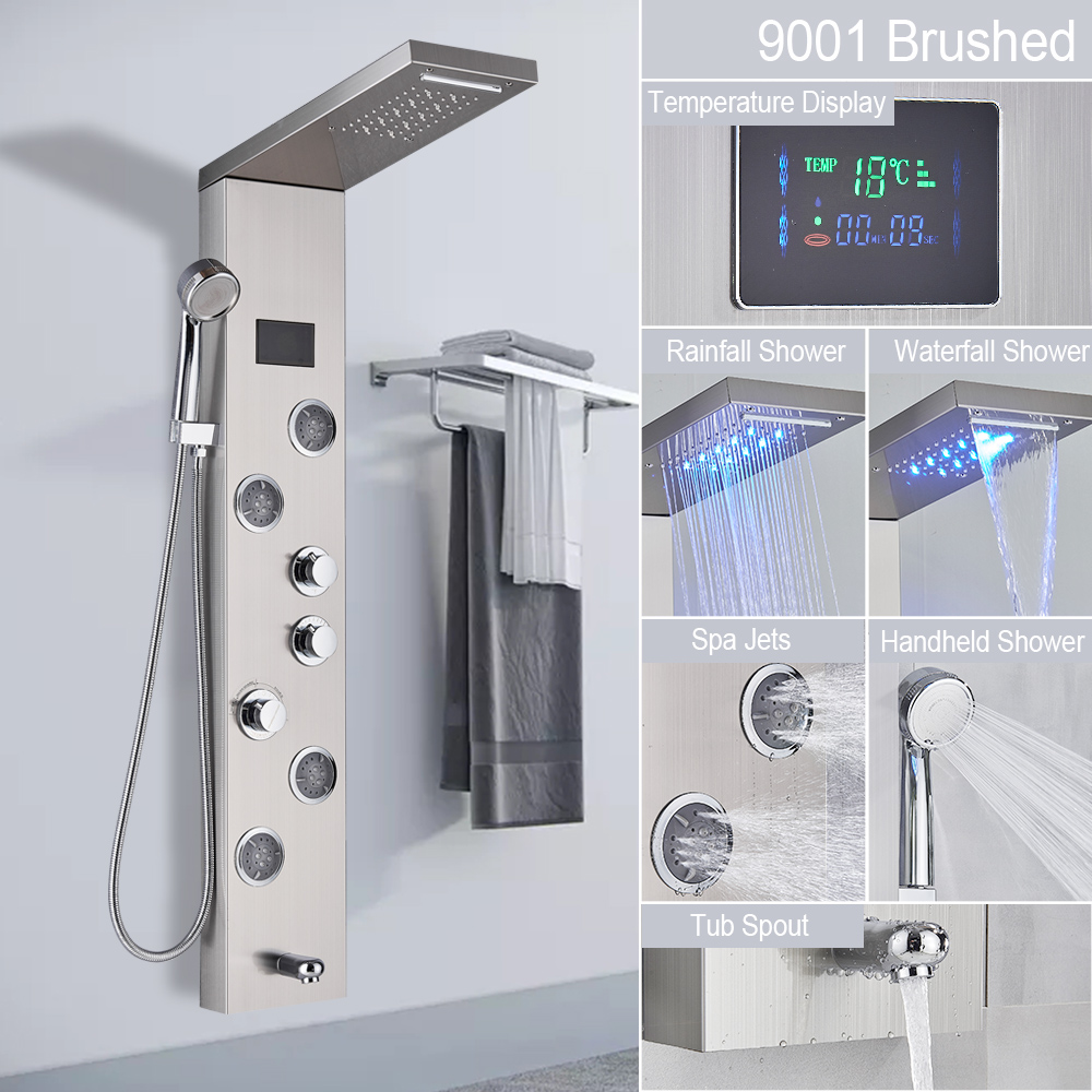 LED Light Shower Panel, Waterfall Rain Digital Display Shower Faucet Set, SPA Massage Jet Bathroom Column Mixer Tap