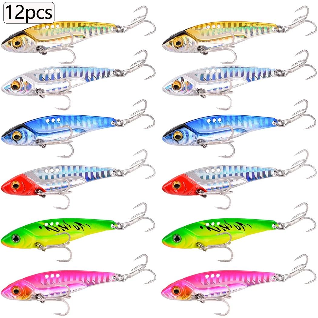 12 Piece Metal VIB Fishing Lure Set Vibration Spoon Spinner Hard Baits for Bass and Pike