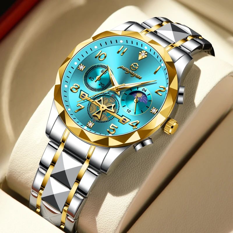 PAAZOMU Luxury Stainless Steel Men's Chronograph Quartz Watch with Moon Phase