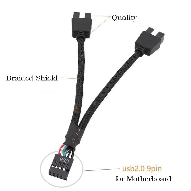 Dual 9-Pin USB Internal Splitter Cable – 1 to 2 USB 2.0 Motherboard Header Extension