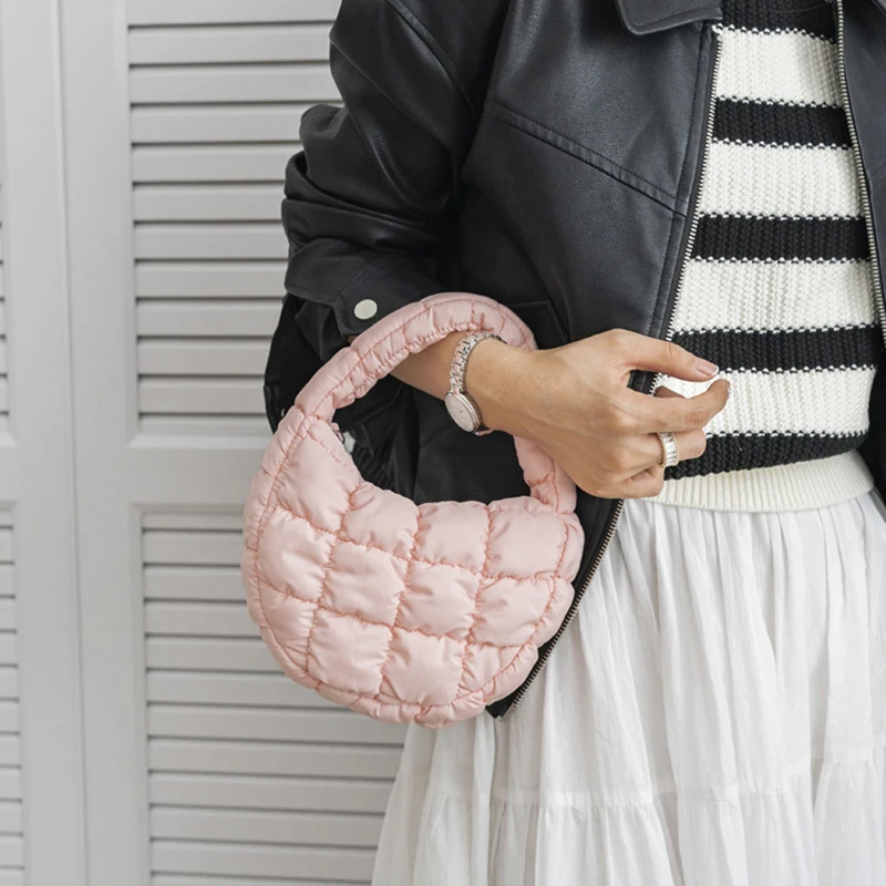 Elegant Purple Soft Nylon Mini Puffer Tote Bag Quilted Circle Phone Purse Simple Trend Handbag