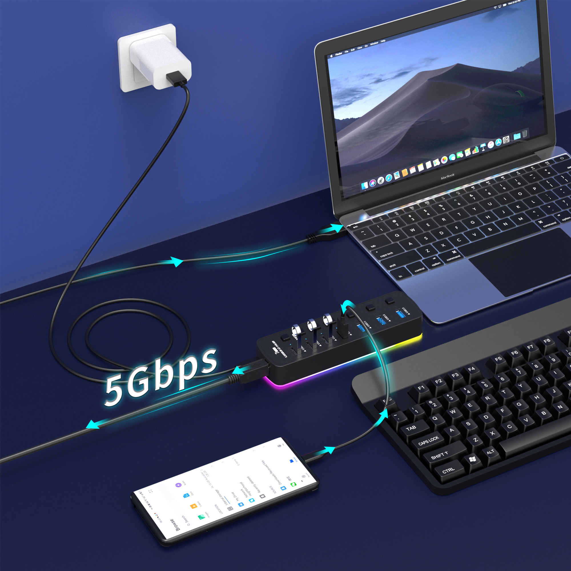 USB Hub with RGB Lights, 5Gbps Speed, Individual On/Off Switch Docking Station