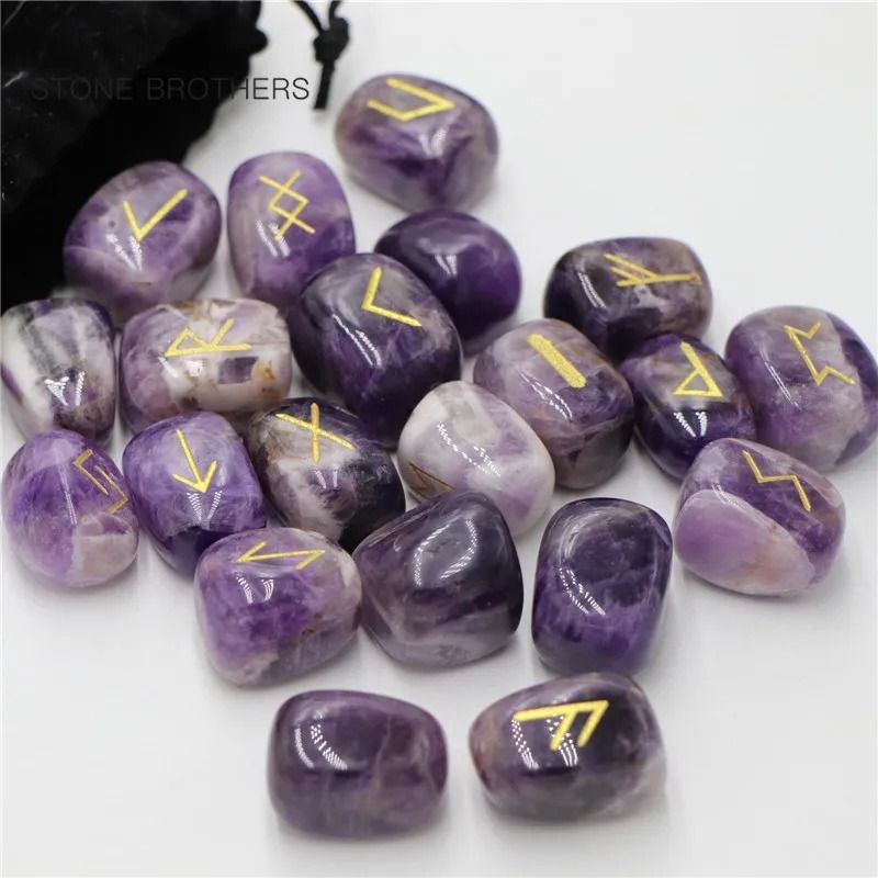 25PCS Natural Amethyst Crystal Rune Stones Set Irregular Divination Agate Healing Decor