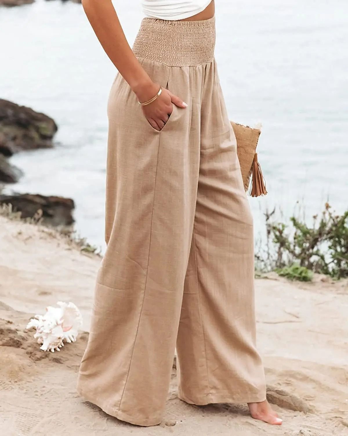 Women Drawstring Wide Leg Casual Pants Mid Waist Beach Trousers