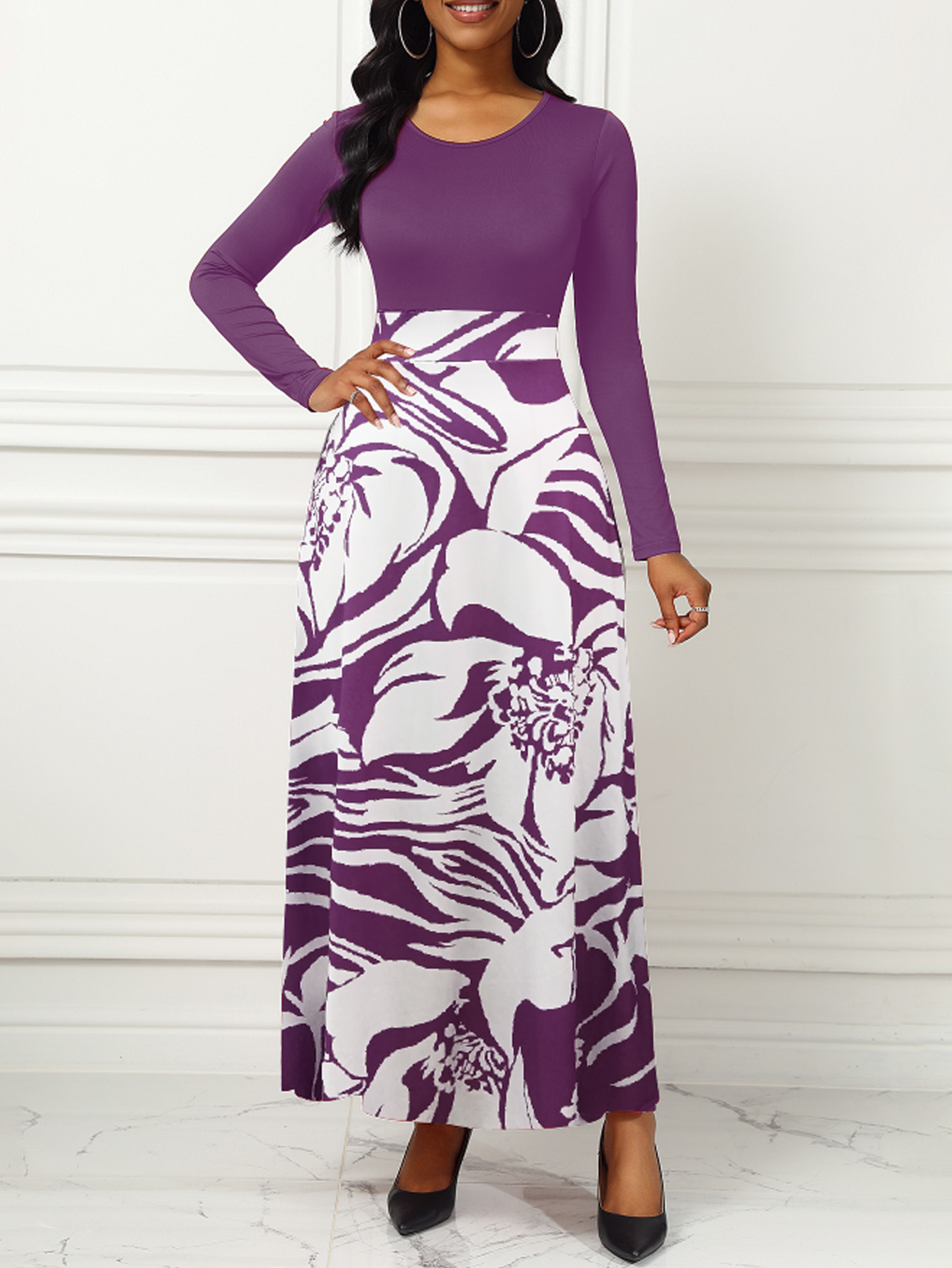 Purple Elegant Style Women Dresses Long Sleeve Round Neck, Printed Hem Long Dress
