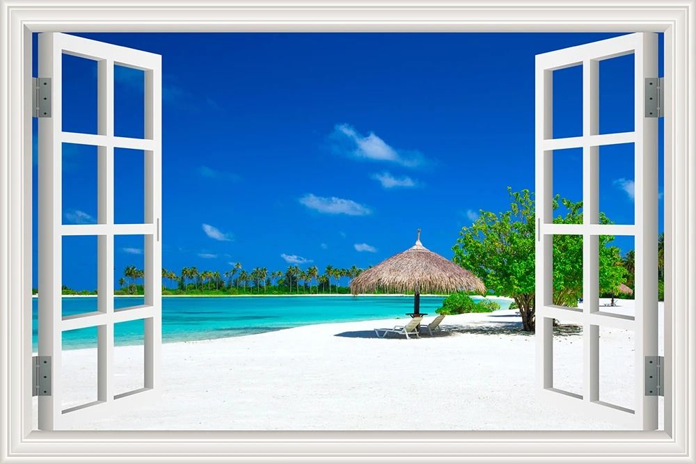 3D Blue Beach Window View Wall Sticker | Tropical Sea Landscape Decal | Self-Adhesive Nature Wallpaper