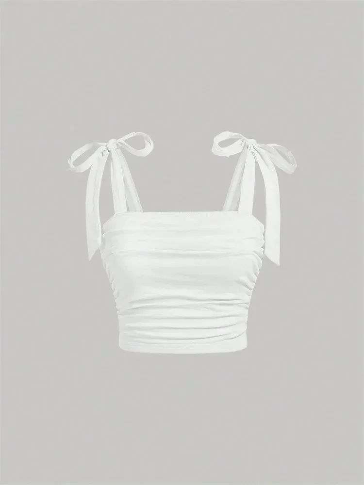 Solid Tie Shoulder Ruched Crop Cami – Y2K Backless Bow Streetwear Top
