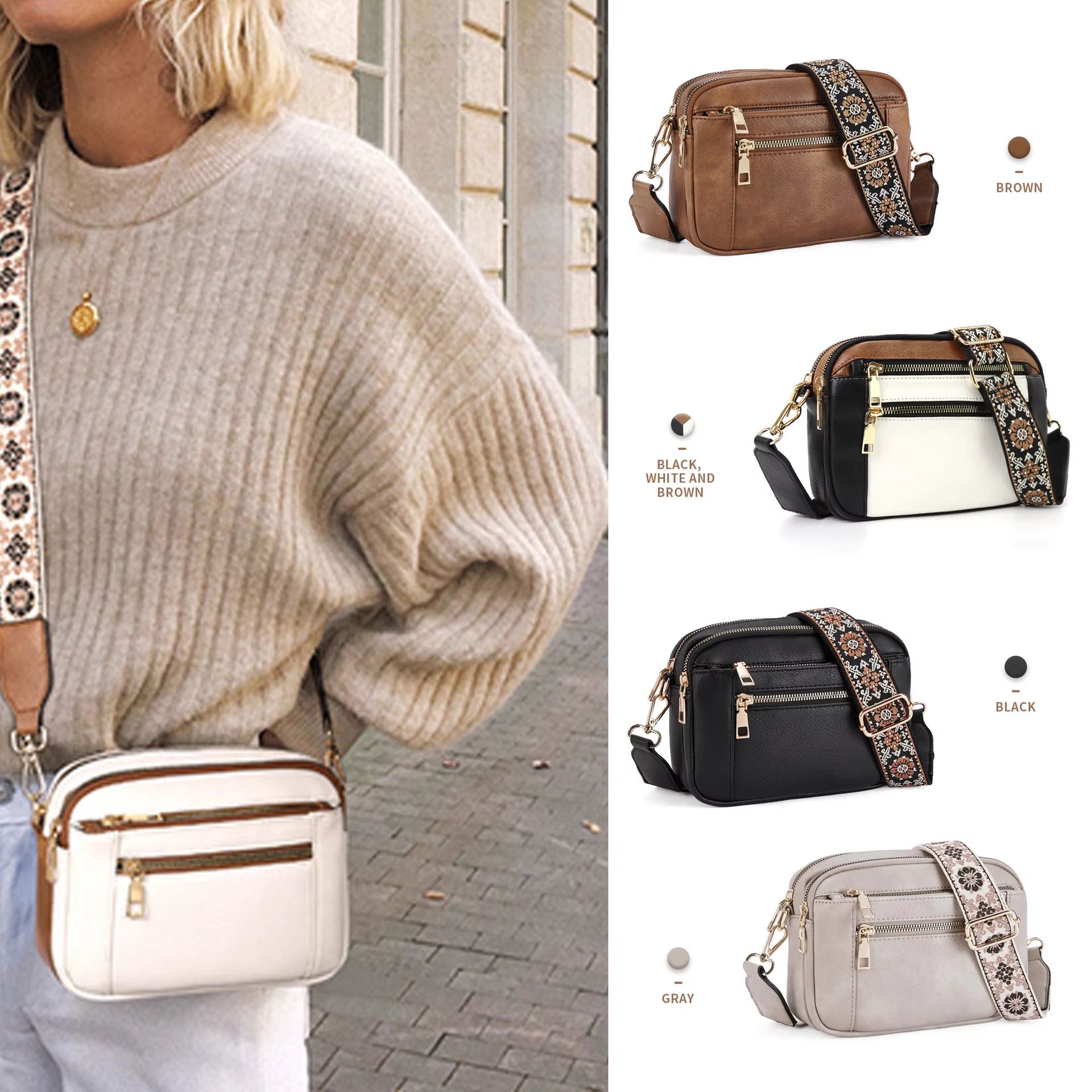Color Block Leather Crossbody Bag with Wide Shoulder Strap