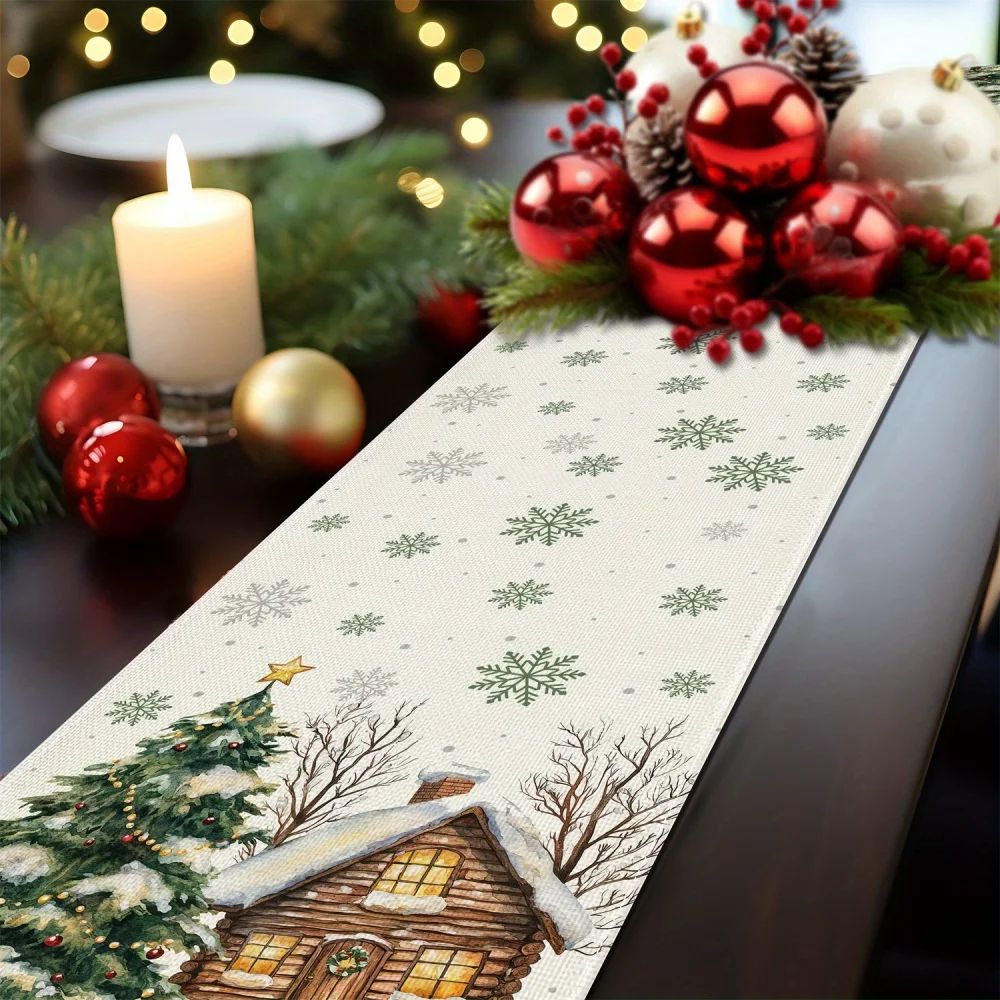 Forest Snow Cabin Christmas Table Runner