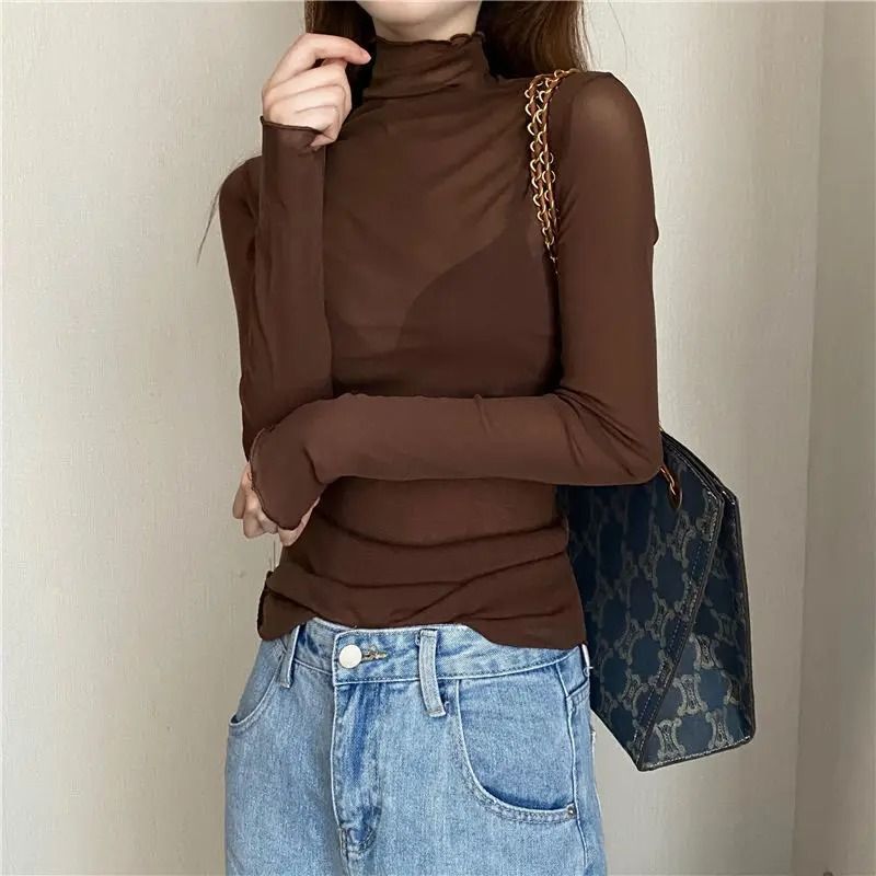 Sheer Transparent Mesh Long-Sleeve Crop Turtleneck Top