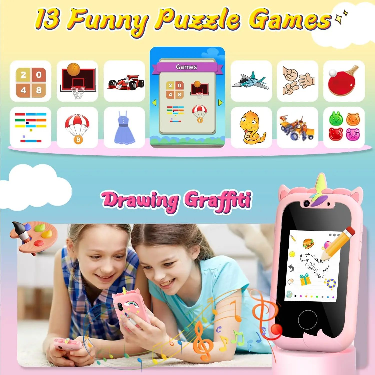 Upgraded Kids Phone with Dual Cameras & Educational Games, Perfect for Birthdays & Holidays
