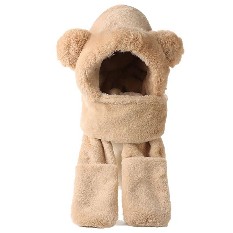 Plush Fleece 3-in-1 Bear Ear Hooded Cap Scarf and Gloves Set
