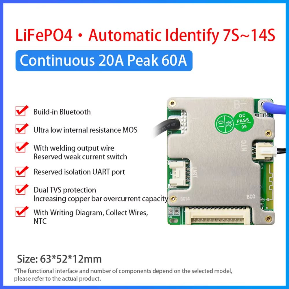 JiaBaiDa Smart BMS 7S–14S 20A/30A Battery Management System – Automatic Identify LFP NMC 24V 36V 48V Protection Board