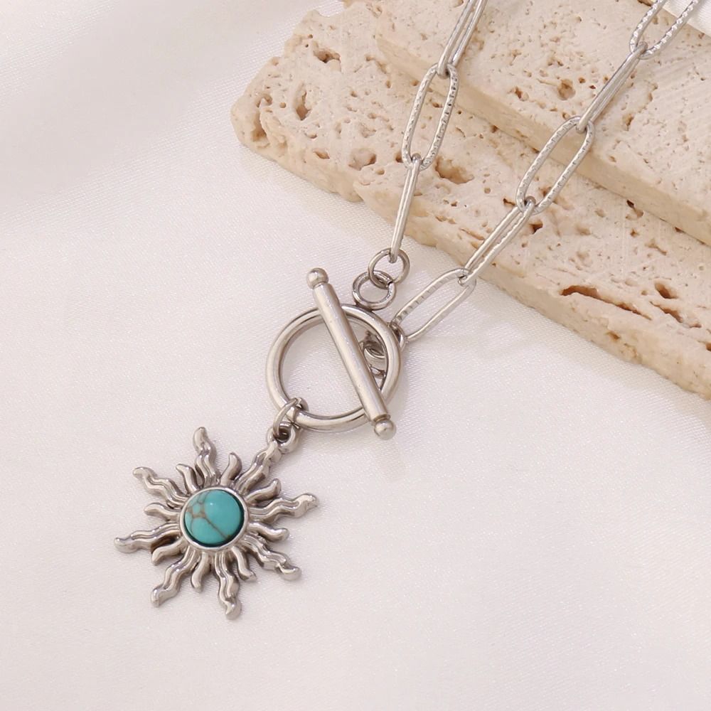 Sun Pendant Necklace Gold Turquoise Charm Stainless Steel Clavicle Chain