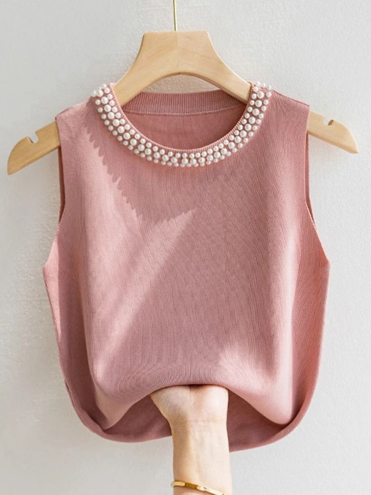 Knitted Sleeveless Beaded Tank Top Women Solid Summer Thin Fashion Vest