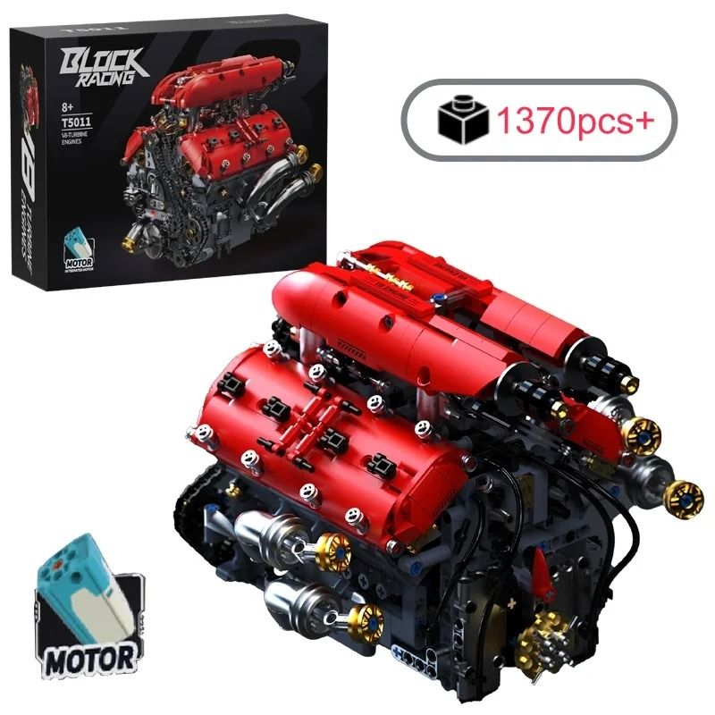 1370PCS Technical V8 Engine Motorized Building Blocks Kit for STEM Learning