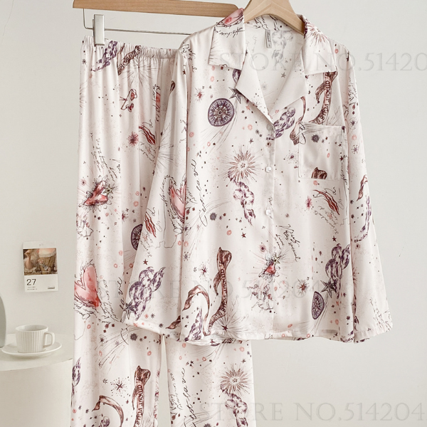 Women Sleepwear Spring Summer, Fashion Print Flower Pajamas Set, Trouser Suits Lounge Wear Loose Satin, Homewear Pijamas