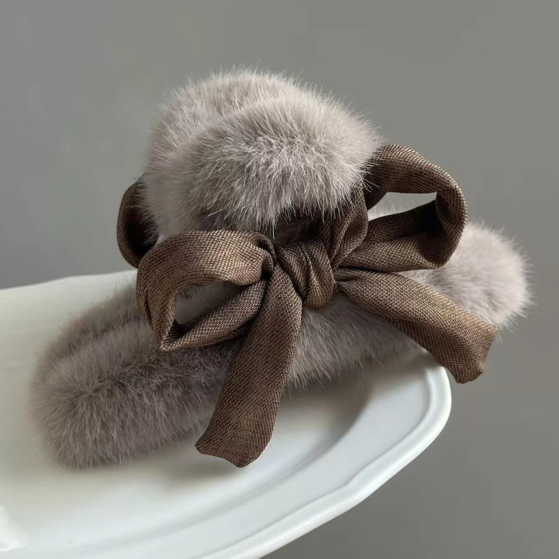 Plush Velvet Rabbit Fur Bow Shark Clip