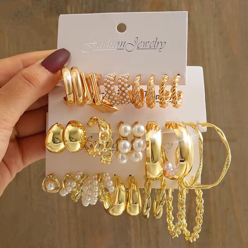 Gold Color Vintage Geometry Pearl Earrings Set Square Dangle And Round Earrings For Women Simple Trendy Party Jewelry