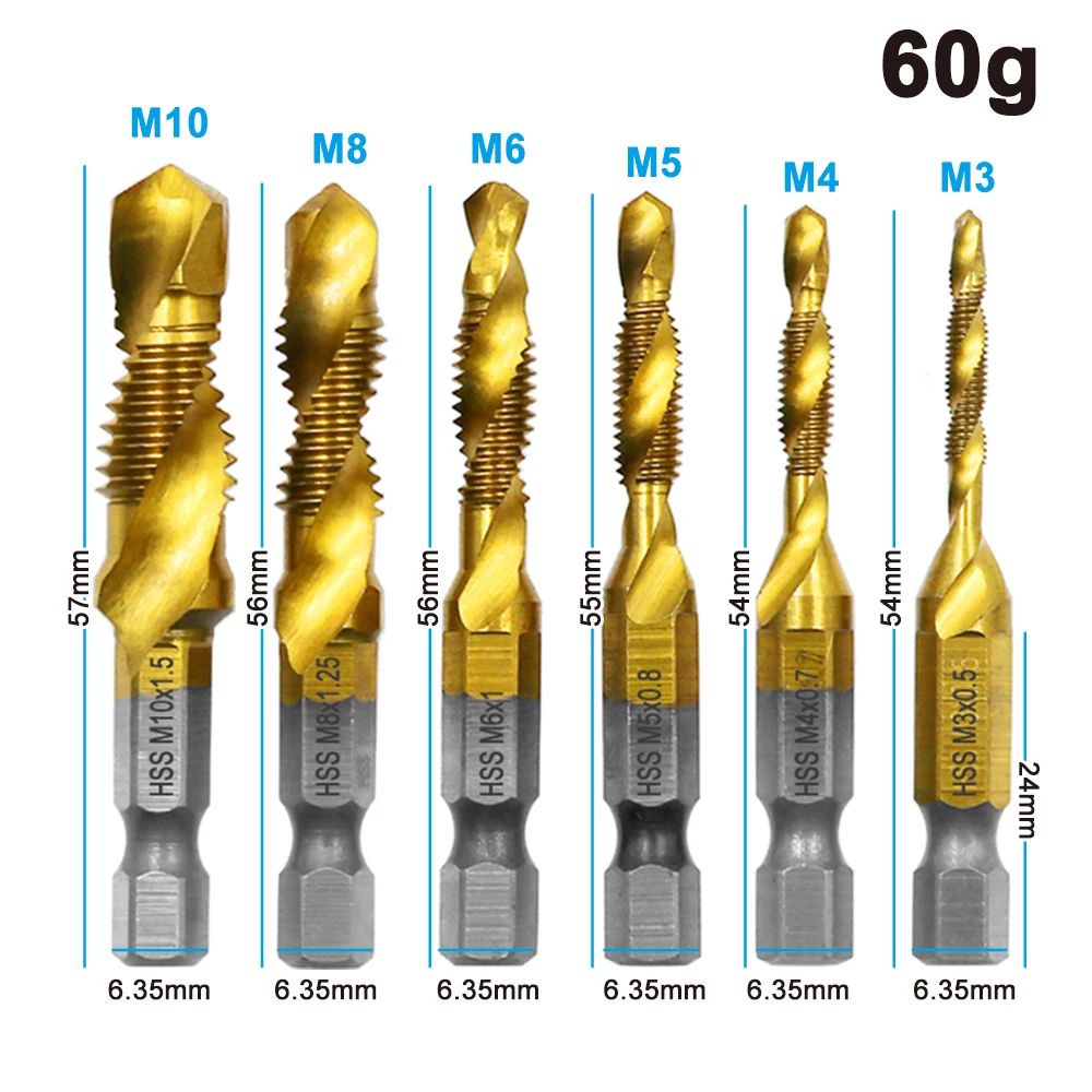 Mr Drill 6 Pcs Titanium-Plated 4341 HSS Drill Tap Combo Set - Hex Shank Tap + Chamfer Bits for Metal & Wood