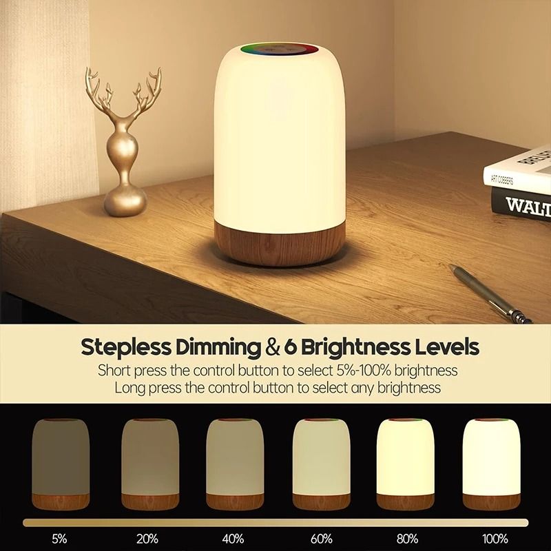 USB Rechargeable RGB Touch Night Light with Wood Grain Base and Timer for Bedroom and Kids Decor