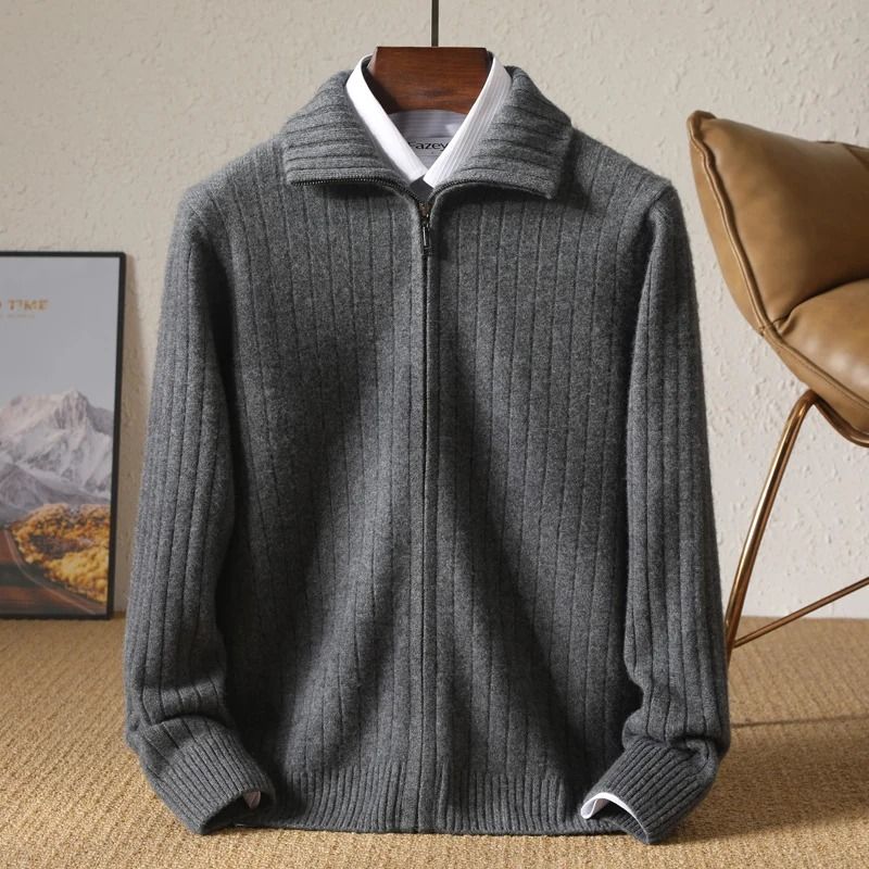 Men 100 Percent Merino Wool Stand Up Collar Cardigan Zipper Coat