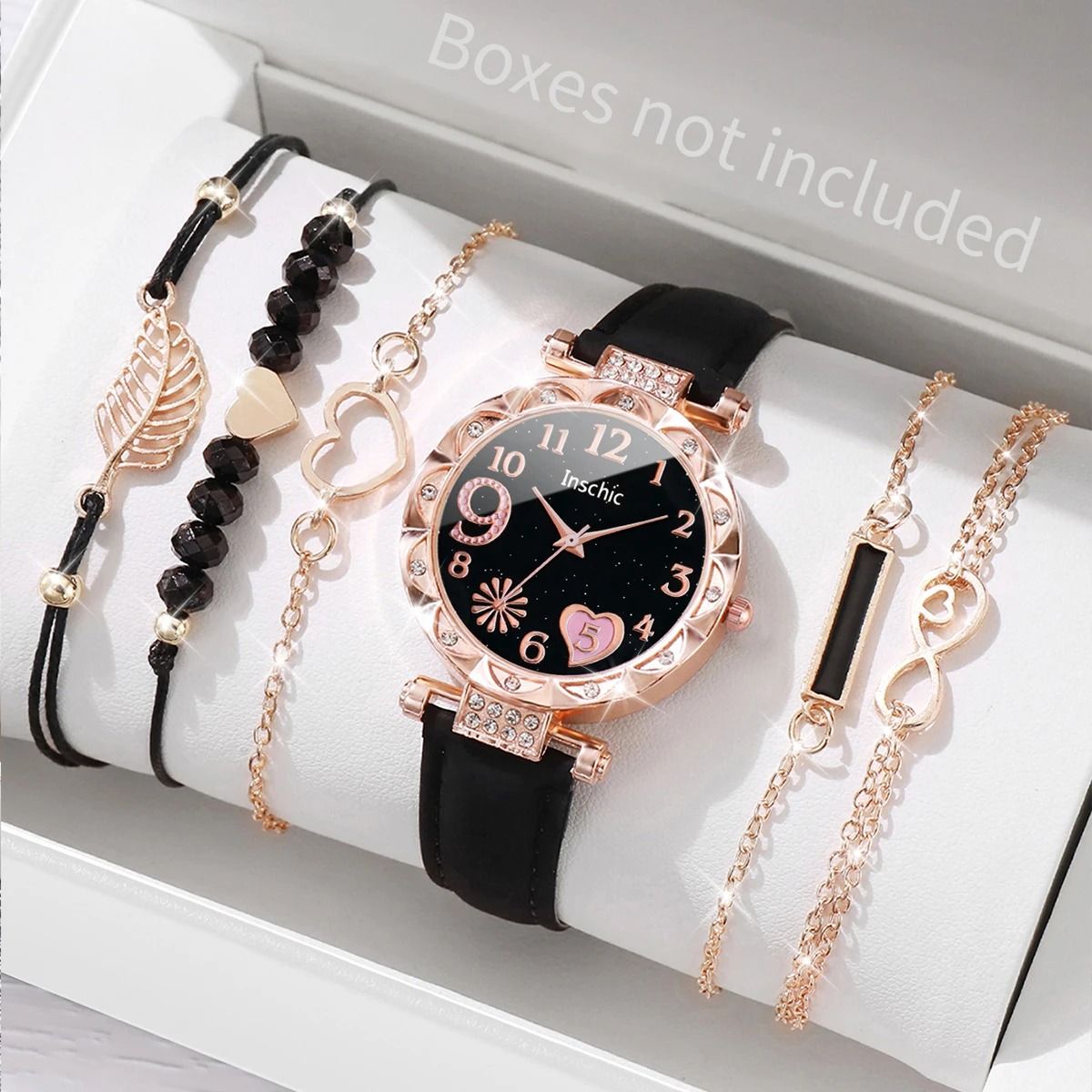 6-Piece Fashion Heart Dial Watch Set – Elegant Leather Band & Leaf Bracelet Collection