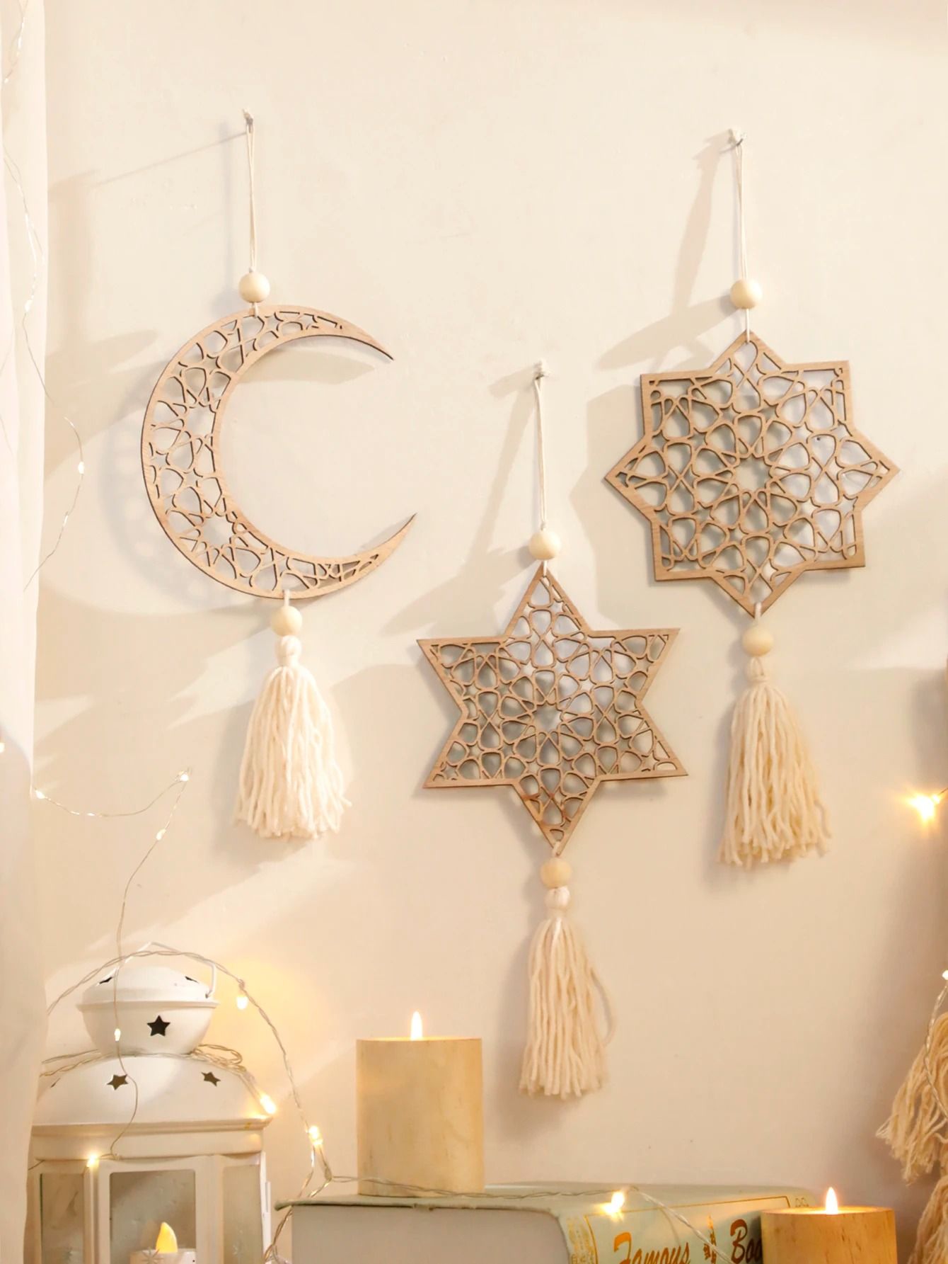 Wooden Ramadan Moon Hanging Ornament Set – Ramadan Hanging Ornaments Eid Mubarak Tassel Decor