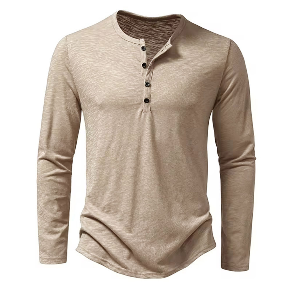Mens Autumn Cotton Button Long Sleeve Henley Neck T-Shirt, Casual Solid Color Breathable Slim Fashion Versatile