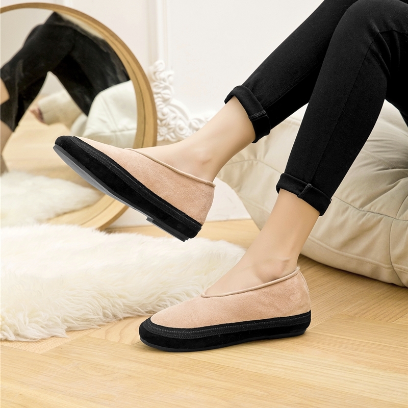 Comfortable Female Winter Ballet Shoes, Genuine Leather Winter Flat Shoes, Warm Snow Shoes with Fur Lining